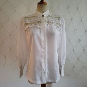 Vintage Teddi Of CA Button Down Blouse In White w/ Lace